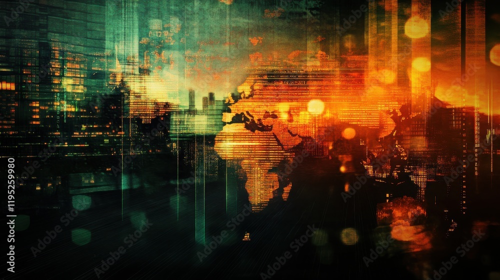 Poster dynamic abstract composition of forex trade charts and global map with illuminated data points repre