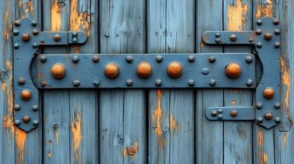 Close-up of Weathered Blue Wooden Door with Decorative Metal Hinge and Rusty Bolts