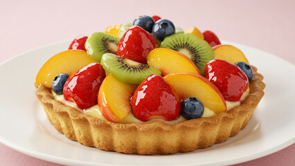 Vibrant fruit tart with fresh strawberries, kiwi, blueberries, and peaches on a creamy custard base, set on a golden pastry crust.