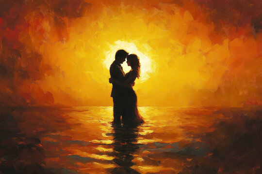 Couple embraces at sunset while standing in the peaceful sea together during a romantic moment