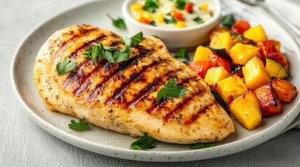 Grilled chicken breast served with roasted vegetables and a fresh salsa, garnished with herbs on a light plate.