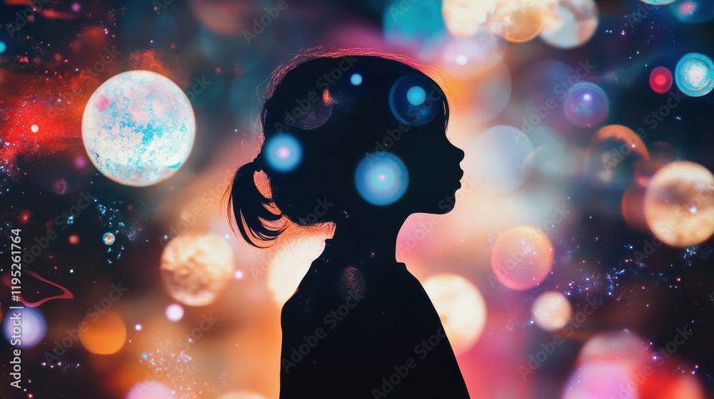 Poster vibrant silhouette of a child surrounded by cosmic wonders and glowing celestial patterns