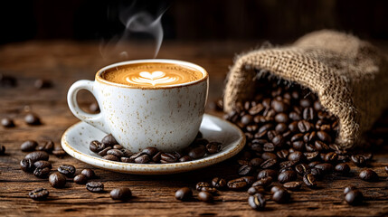 A white coffee cup with steam rising from it sits on a wooden table. The table is covered with coffee beans and a bowl. Concept of warmth and comfort, as the coffee cup