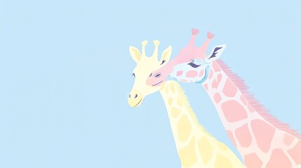 Charming giraffes with unique pastel hues leaning close, against a simple and elegant light blue background for a modern aesthetic