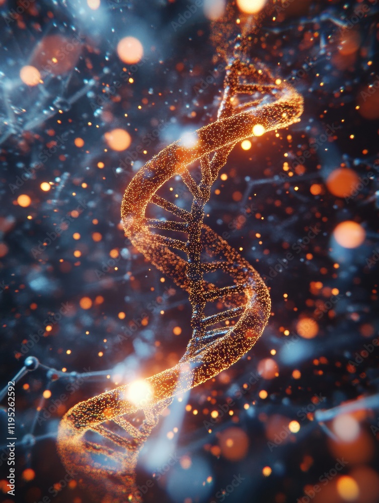 Poster glowing dna double helix illuminated by molecular connections in a vibrant scientific visualization.