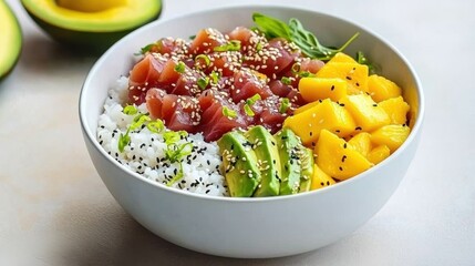 A vibrant bowl featuring rice, fresh tuna, mango, avocado, and sesame seeds, showcasing a colorful and healthy meal.