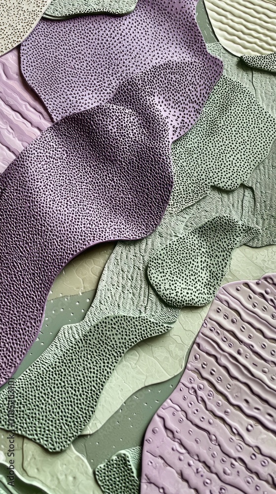 Poster intricate geometric patterns unfold in soothing pastel purples and greens, showcasing a blend of tex