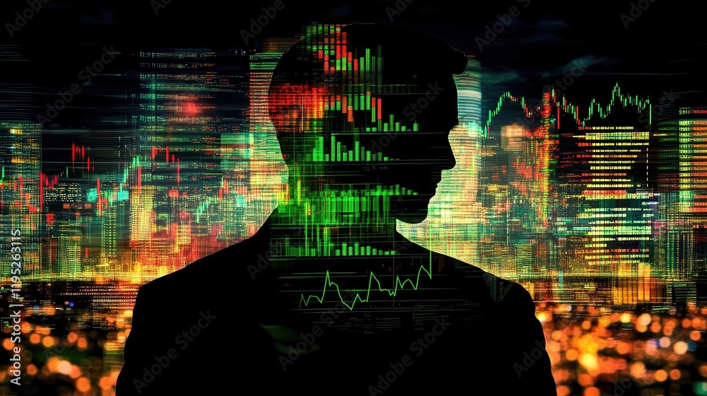 Poster dynamic trader silhouette infused with stock charts and data analytics in a professional trading env