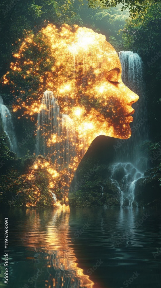 Aufkleber Surreal representation of a glowing woman with cascading waterfalls in a tranquil forest setting at twilight