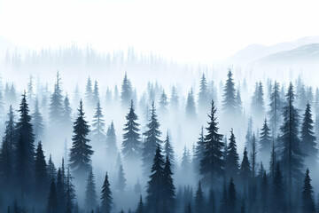 Serene misty forest landscape, ethereal blue hues, dense coniferous trees, tranquil nature scene, perfect for calming backgrounds.