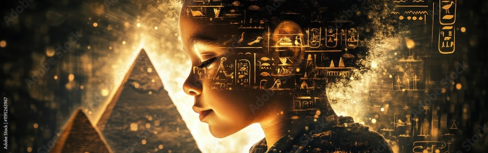 Poster surreal portrait of a glowing child intertwined with egyptian pyramids and ancient hieroglyphs revea