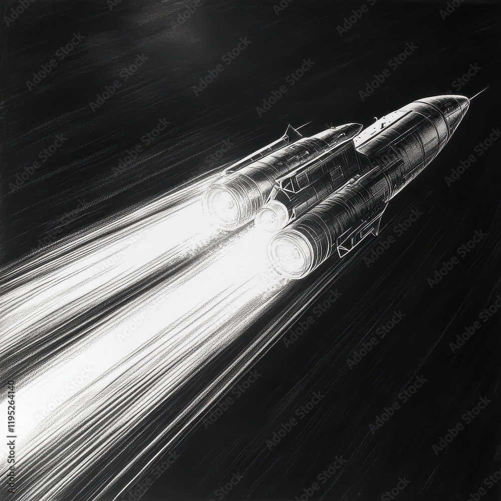 Aufkleber Spacecraft accelerates with brilliant trails of light in a deep black void reflecting advanced technology and exploration