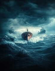 Ships navigate through turbulent waters beneath a stormy sky, evoking adventure and challenge.