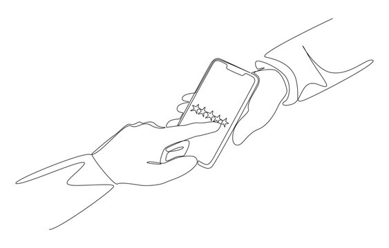 recommend clip art: Continuous one line drawing of seller holding smartphone to let customer rate star, customer feedback, providing sales service review concept, single line art