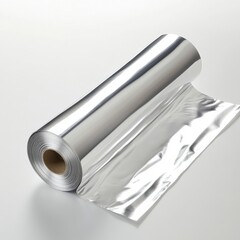 Roll of shiny aluminum foil on clean white surface ideal for various kitchen uses and food preparation tasks