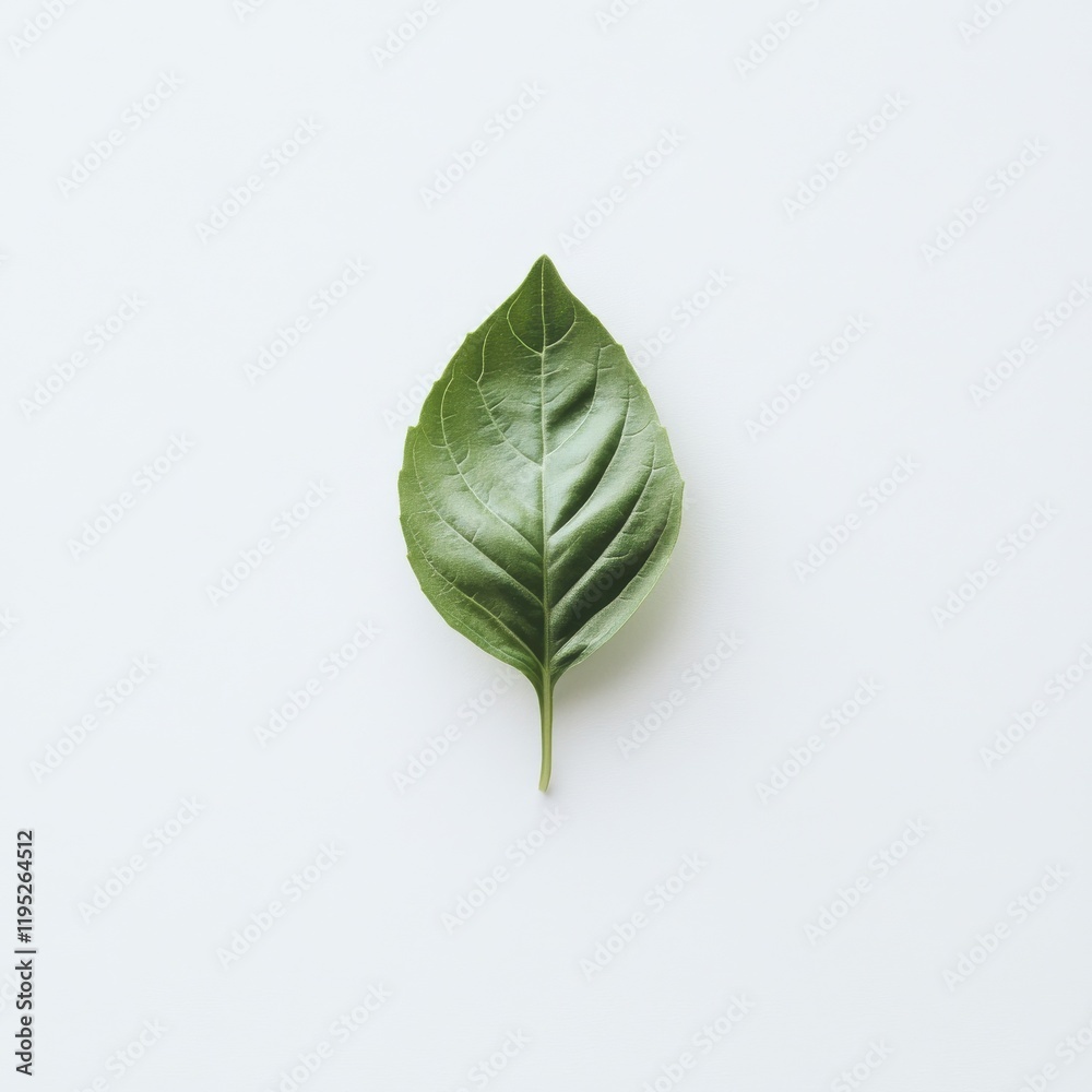 Poster fresh basil leaf showcases vibrant green color and intricate vein patterns against a clean white sur
