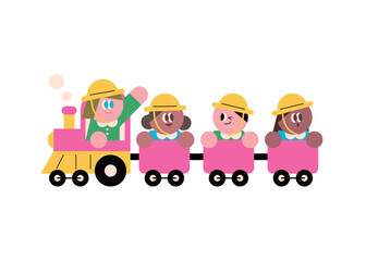 Children having fun riding the train. kindergarten. Flat design character