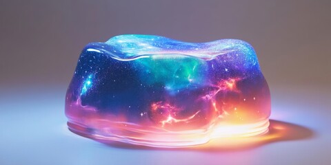 A glossy translucent jelly dessert with a suspended galaxy like design, glowing softly on a matte white background