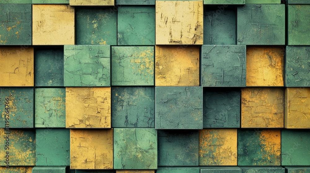 Poster a captivating arrangement of geometric squares in soothing muted green and gold hues forms a unique 