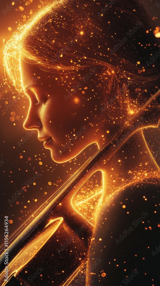 Poster profile of a woman illuminated by violin strings radiating soft golden light in harmony with music