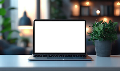 Home office setup modern laptop display cozy workspace indoor environment relaxed viewpoint productivity concept