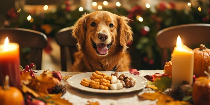 A dog sitting at a Thanksgiving dinner table with a plate of dog-safe holiday treats
