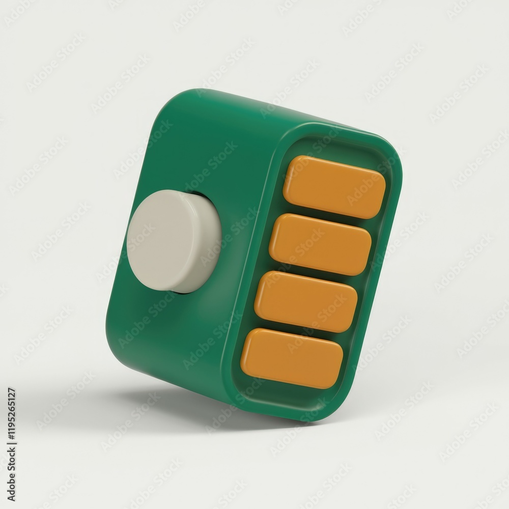Poster Abstract 3D rendering of a green device with a round button and orange segments.
