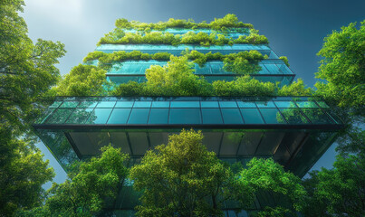 Innovative green architecture design urban city modern building lush environment ground-level view sustainable concept