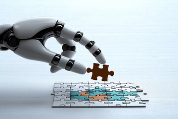 Robotic Hand Placing Brown Jigsaw Puzzle Piece Completing Teal Orange Design Technology Solution