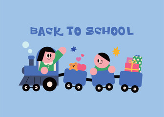 Children having fun riding the train. Toys and gifts. school learning teddy bear.