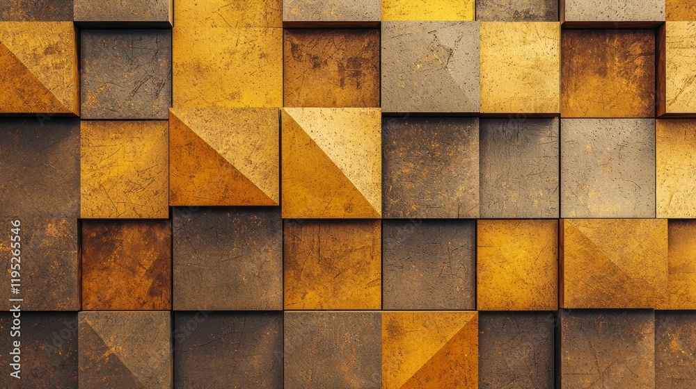 Poster intricate grid patterns in layered shades of gold and brown form a striking visual landscape, showca