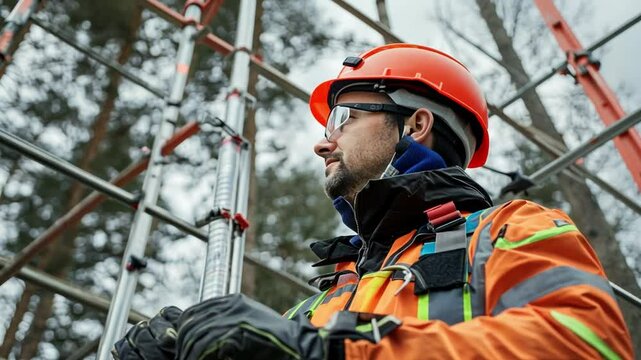 A scaffolding worker in safety gear secures platforms at great heights, ensuring safe access for workers to complete high-level tasks