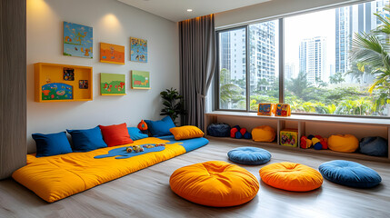 Bright and cheerful playroom with colorful cushions and toys, offering a comfortable and stimulating learning environment for young children