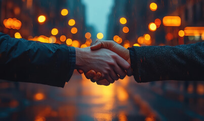 Handshake signifying partnership urban street photography evening glow close-up trust and collaboration