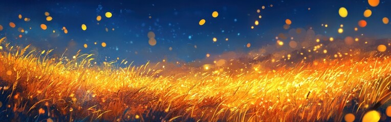 Fototapeta premium Radiant summer field glowing with golden lights under a cobalt blue sky