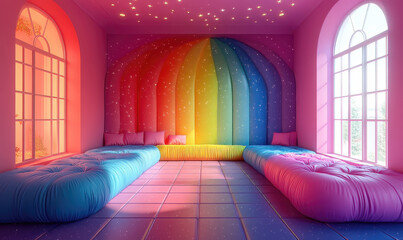 Vibrant rainbow-themed room interior modern space visual art bright environment aesthetic viewpoint