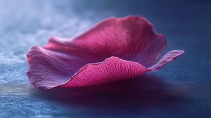 A single magenta rose petal rests on a textured blue surface with gradient light