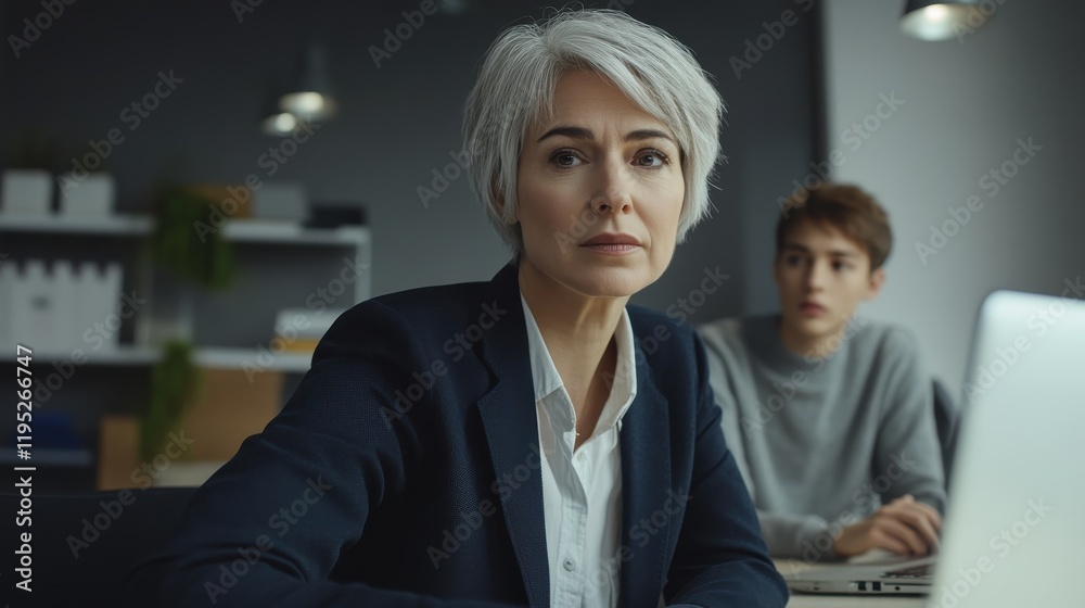 Poster professional woman focuses on work while collaborating with a younger colleague in a modern office s