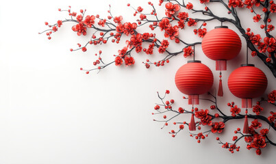 Celebrating lunar new year with red lanterns and blossoms indoor decor minimalist style artistic view cultural inspiration