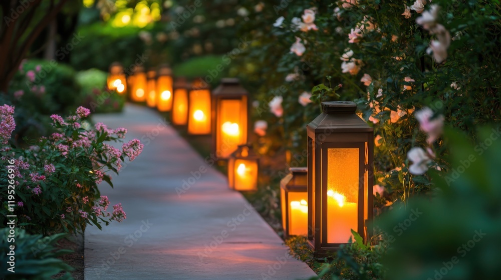 Aufkleber festive lanterns illuminating a summer pathway lined with blooming flowers in a tranquil garden sett