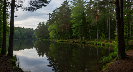 Obraz premium A captivating photorealistic panoramic image showcasing the serene beauty of a natural landscape at the forest's edge by the lake.