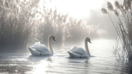 Fototapeta premium Two swans glide on a misty river.