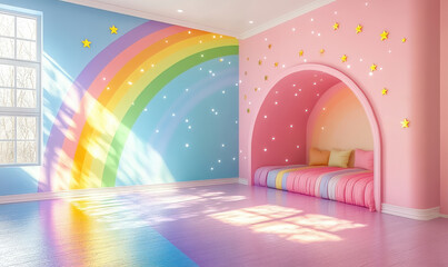 Colorful rainbow mural in playroom creative space interior design cheerful environment bright viewpoint imaginative concept