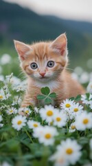 A playful orange kitten among flowers.