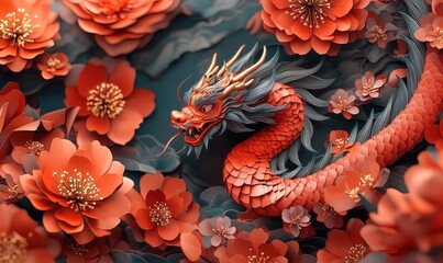 Majestic red dragon amidst blossoming flowers fantasy realm digital art vibrant colors close-up view mythical beauty