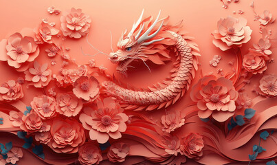 Majestic dragon emerges from blossoms artistic paper craft serene environment vibrant viewpoint cultural concept