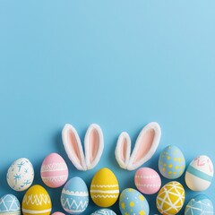 Fototapeta premium Easter Bunny Ears with Colorful Painted Eggs on Blue Background: Minimalist Spring Holiday Decor