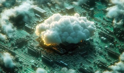 Explosive cloud formation over circuit board futuristic city digital art atmospheric aerial view technology concept