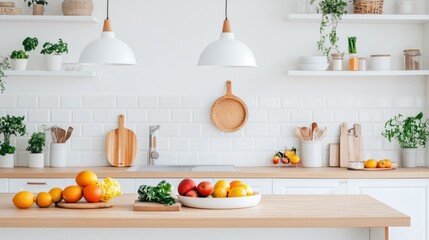 Colorful fruits and vegetables displayed on a wooden kitchen counter in a modern setting