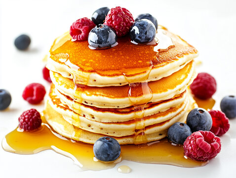 Pancakes and honey with raspberries and blueberries